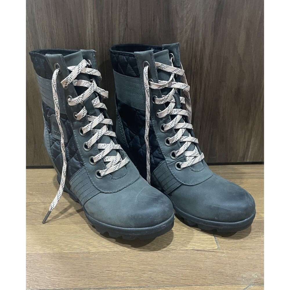 Sorel Women Lexie Wedge Bootie Waterproof Dark Slate Leather Textile Boots US 9